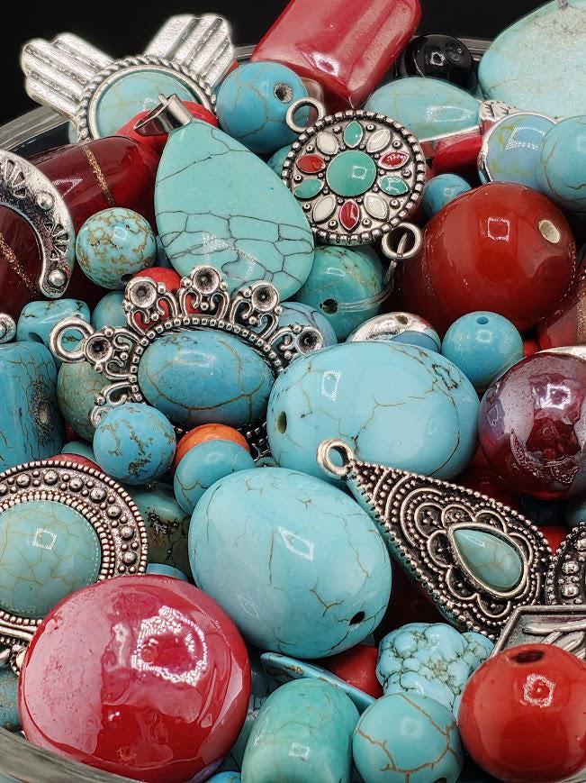 Santa Fe Bead Soup Mix | Turquoise Red Coral Glass Beads | Silver Thunderbird Concho Pendants | DIY Jewelry Making | Learise Curated Mix