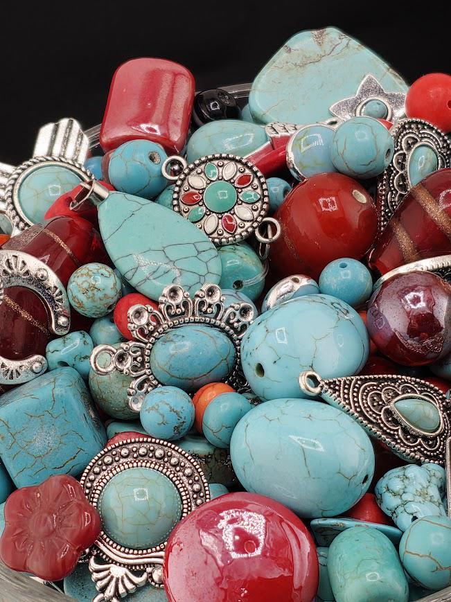 Santa Fe Bead Soup Mix | Turquoise Red Coral Glass Beads | Silver Thunderbird Concho Pendants | DIY Jewelry Making | Learise Curated Mix