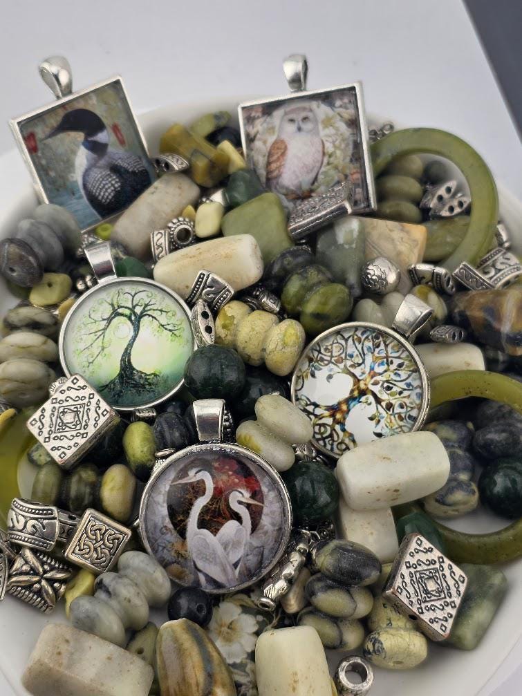 Hollow and Hoot Bead Soup Mix | Mossy Green and Cream Glass Beads | Owl and Tree of Life Cabochon Pendants | DIY Jewelry Making