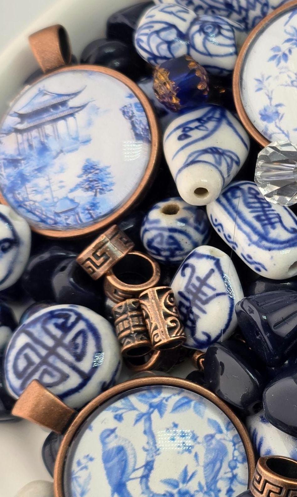 Willow and Copper Bead Soup Mix | Blue and White Chinoiserie Glass Beads | Copper Bird and Floral Cabochon Pendants | DIY Jewelry Making