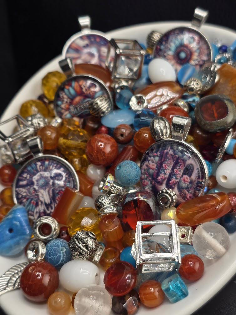 Mesa Sunrise Bead Soup Mix | Rust and Turquoise Glass Beads | Bull Skull and Sunflower Cabochon Pendants | DIY Jewelry Making