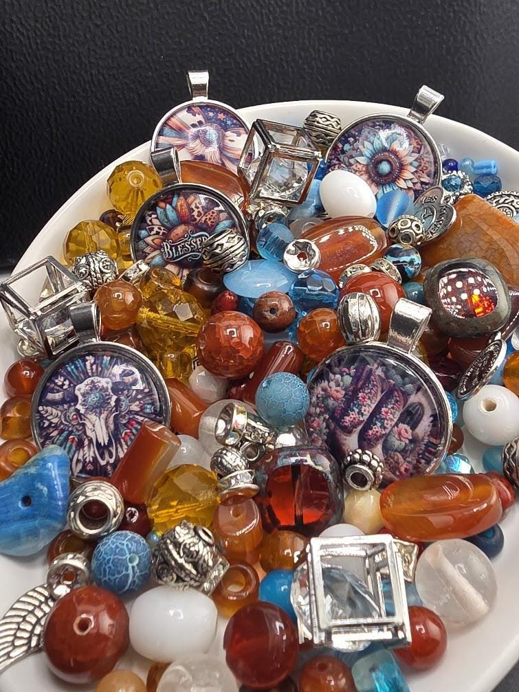 Mesa Sunrise Bead Soup Mix | Rust and Turquoise Glass Beads | Bull Skull and Sunflower Cabochon Pendants | DIY Jewelry Making