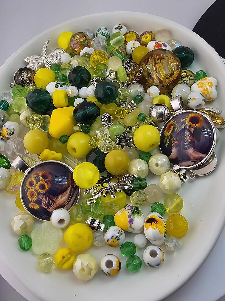 Sunflower Fields Bead Soup Mix | Sunny Yellow and Emerald Glass Beads | Sunflower and Daisy Cabochon Pendants | DIY Jewelry Making