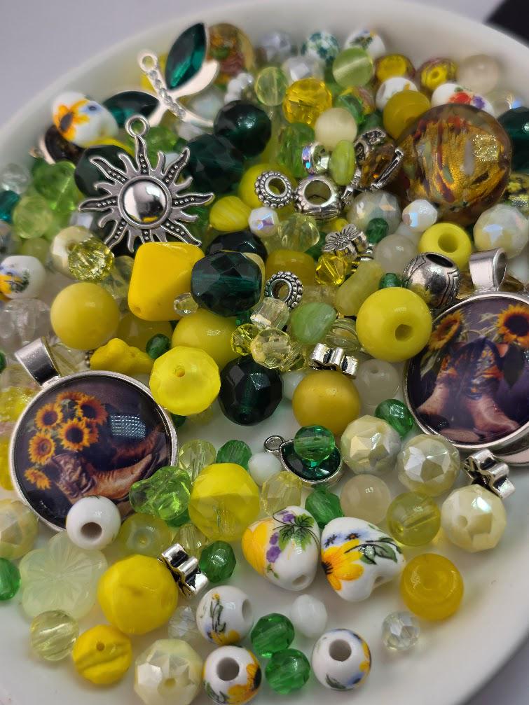 Sunflower Fields Bead Soup Mix | Sunny Yellow and Emerald Glass Beads | Sunflower and Daisy Cabochon Pendants | DIY Jewelry Making