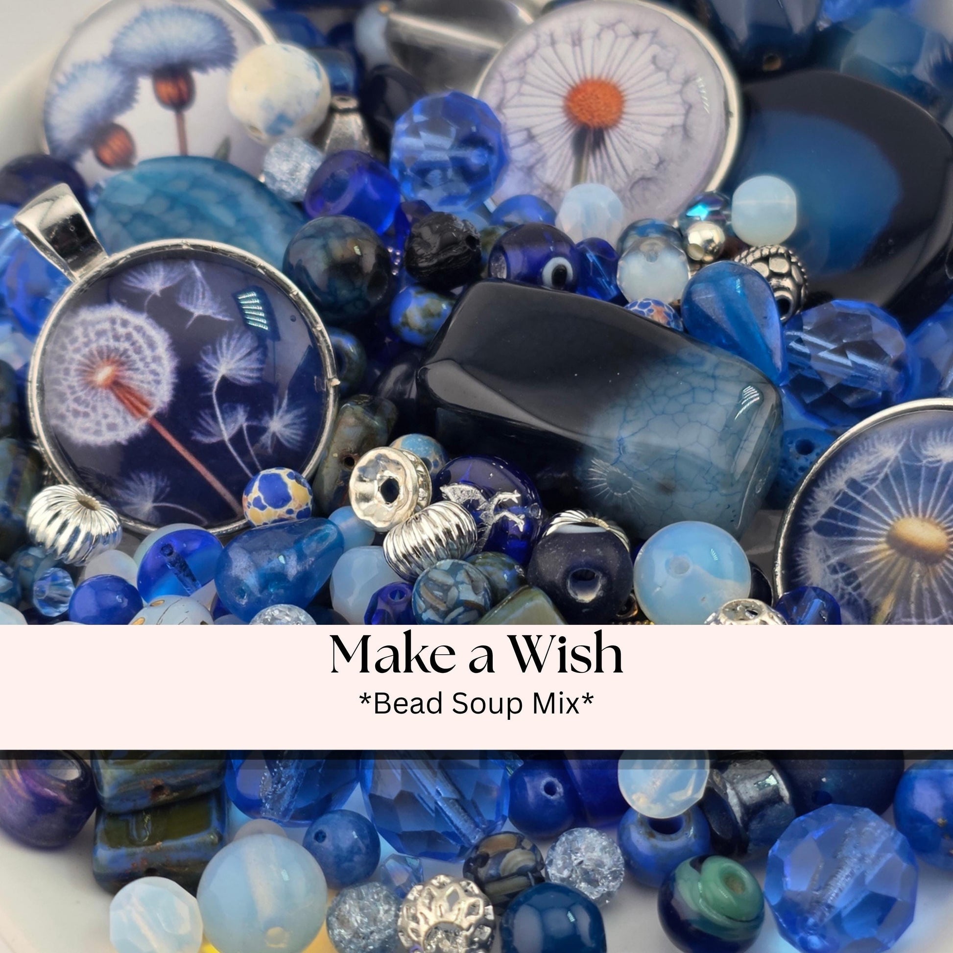 Make a Wish Bead Soup Mix | Cobalt Blue and Opal Glass Beads | Dandelion Wish Cabochon Pendants | DIY Jewelry Making | Learise Curated Mix