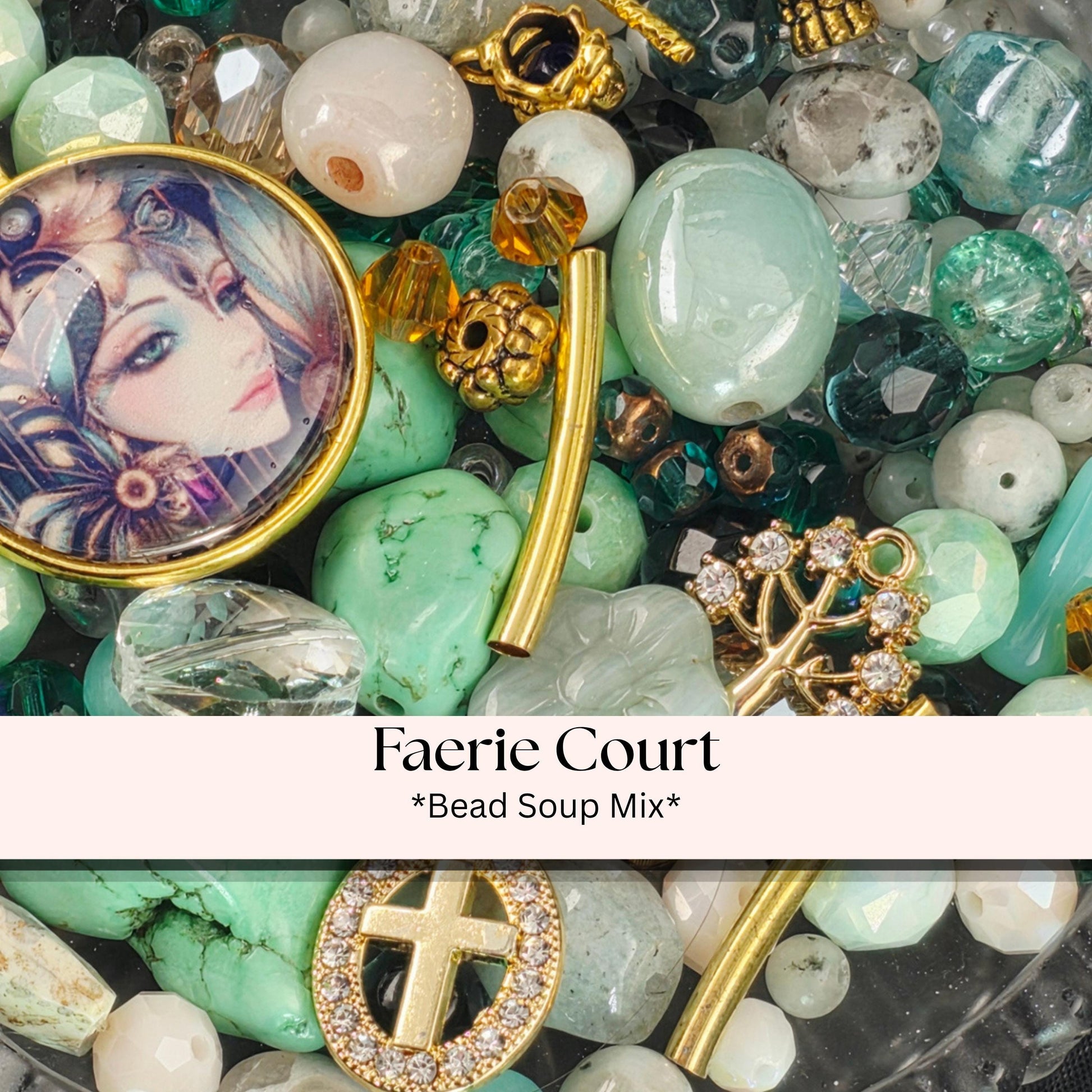 Faerie Court Bead Soup Mix | Teal, Black and Gold Glass Beads | Fae and Cat Cabochon Pendants | DIY Jewelry Making | Learise Curated Mix