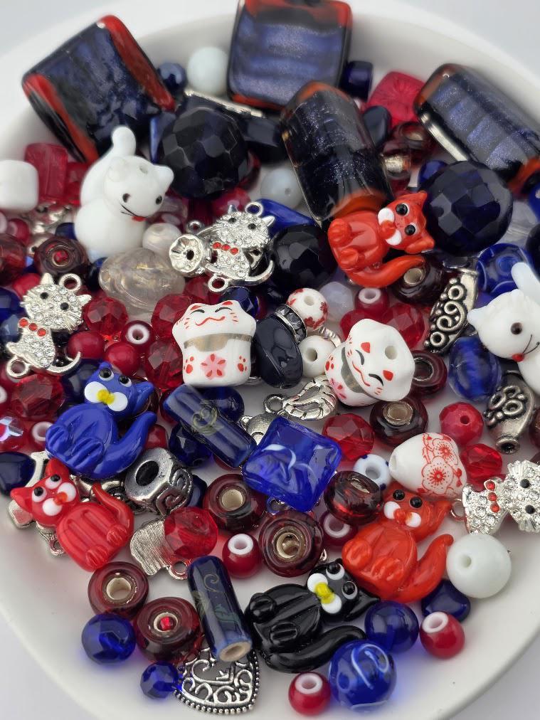 Glass / Ceramic Bead Soup Mix - Lucky Cat | Red, White & Navy Glass / Ceramic Beads | Lucky Cat / Kitten Charms | DIY Jewelry Making Supply