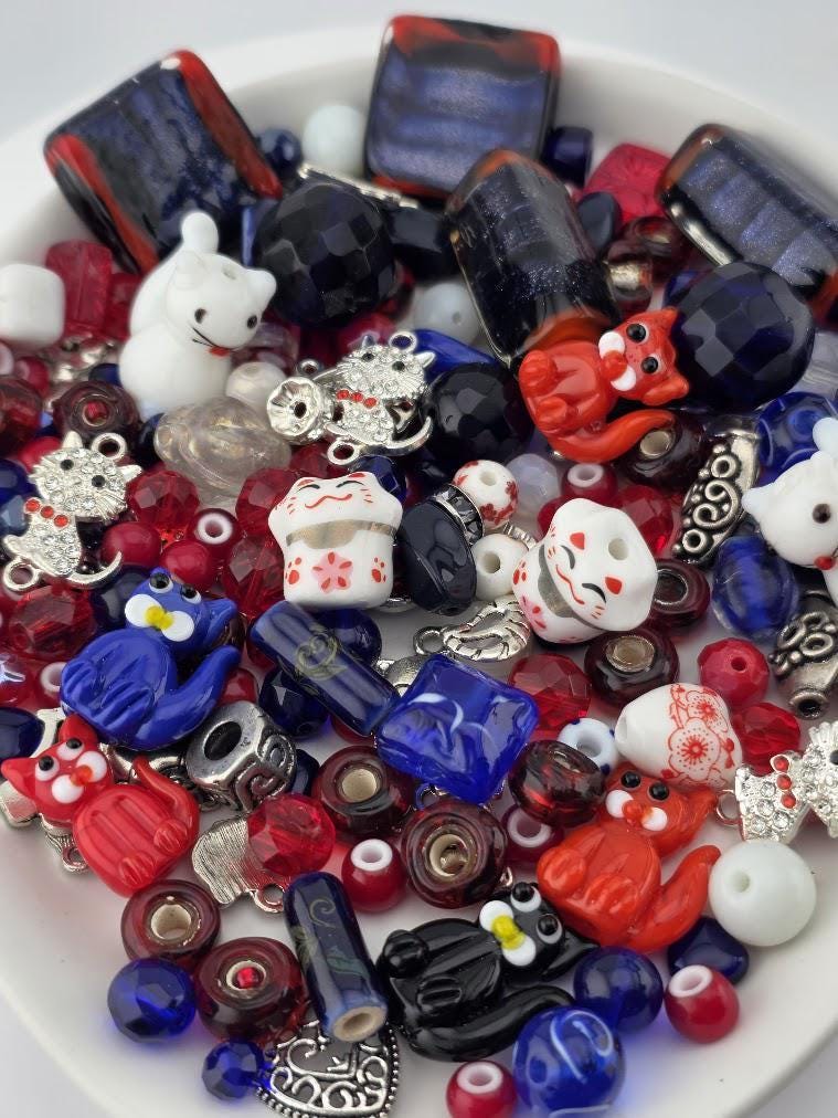 Glass / Ceramic Bead Soup Mix - Lucky Cat | Red, White & Navy Glass / Ceramic Beads | Lucky Cat / Kitten Charms | DIY Jewelry Making Supply
