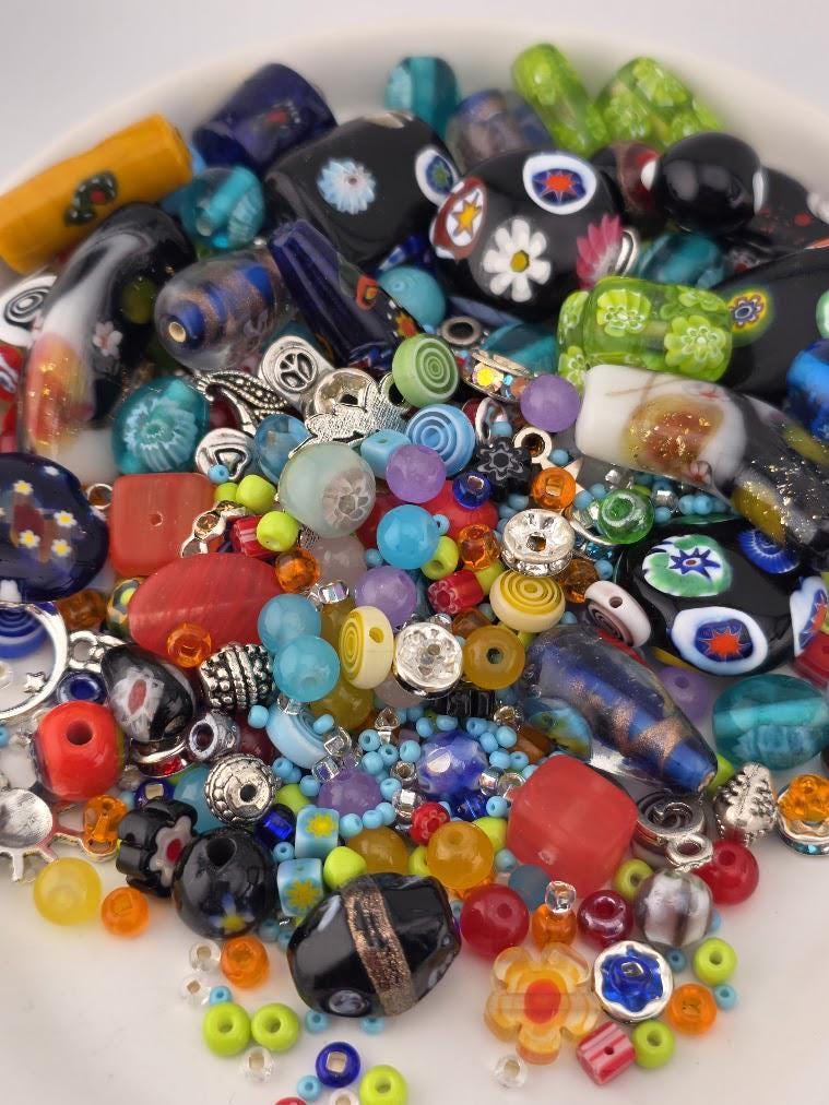 Glass Bead Soup Mix - Carnival | Rainbow Millefiori and Lampwork Glass Beads | DIY Jewelry Making Supply