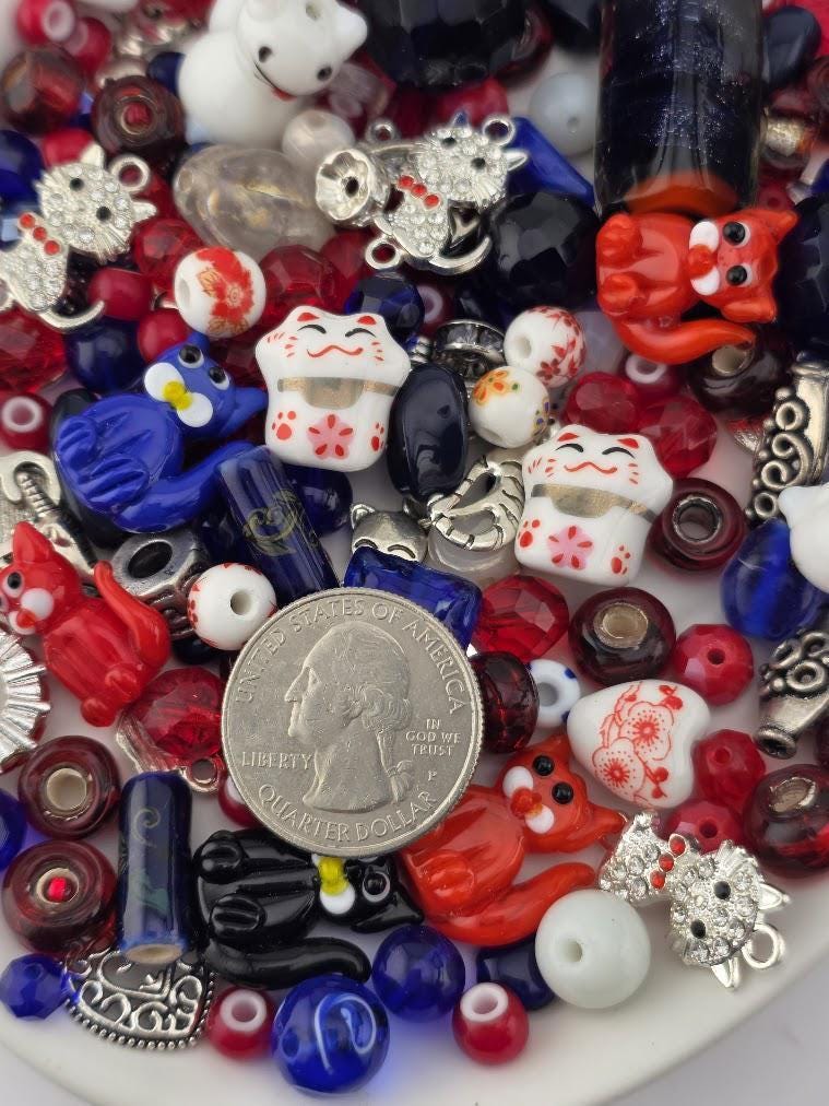 Glass / Ceramic Bead Soup Mix - Lucky Cat | Red, White & Navy Glass / Ceramic Beads | Lucky Cat / Kitten Charms | DIY Jewelry Making Supply