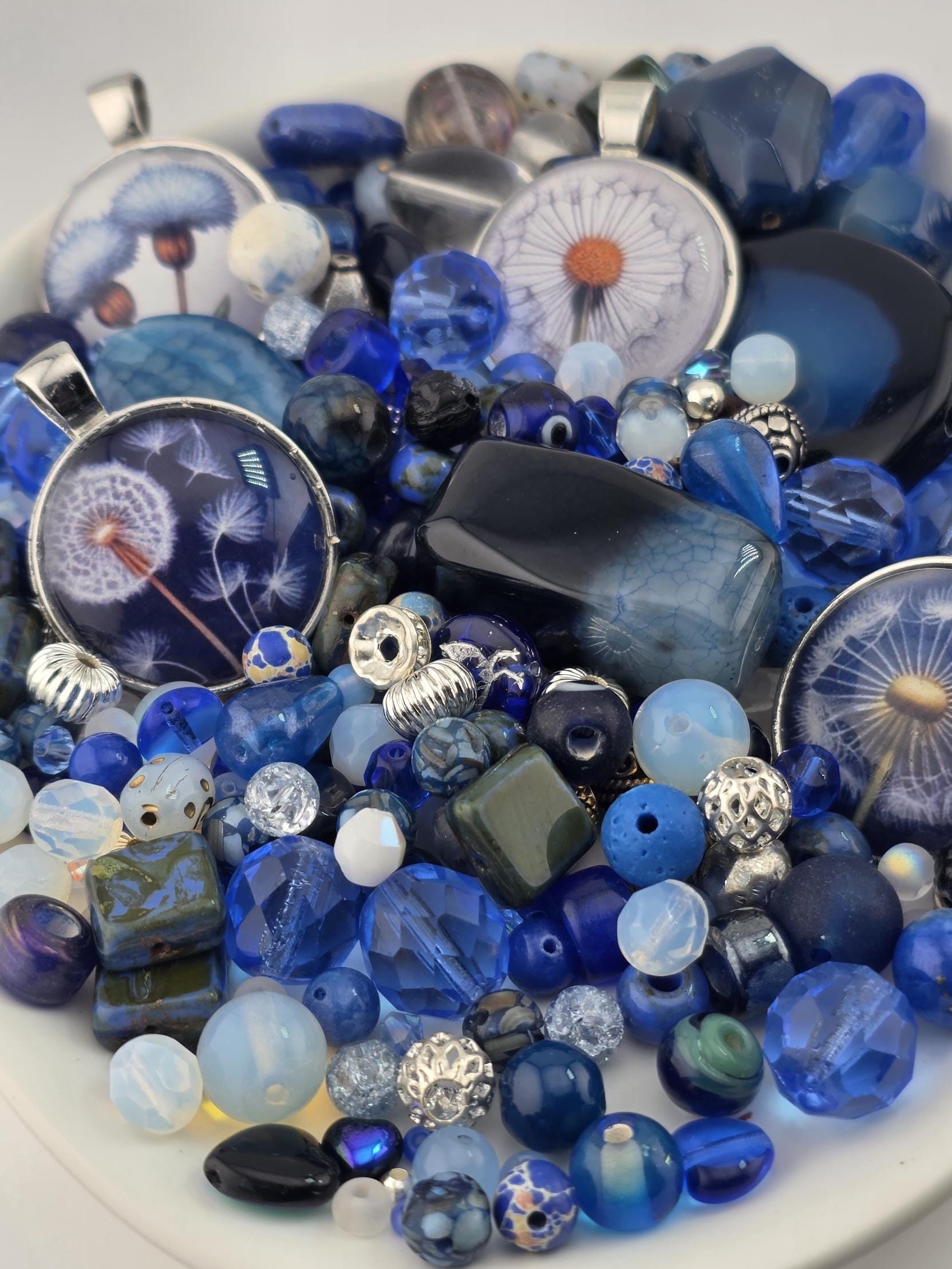 Make a Wish Bead Soup Mix | Cobalt Blue and Opal Glass Beads | Dandelion Wish Cabochon Pendants | DIY Jewelry Making | Learise Curated Mix