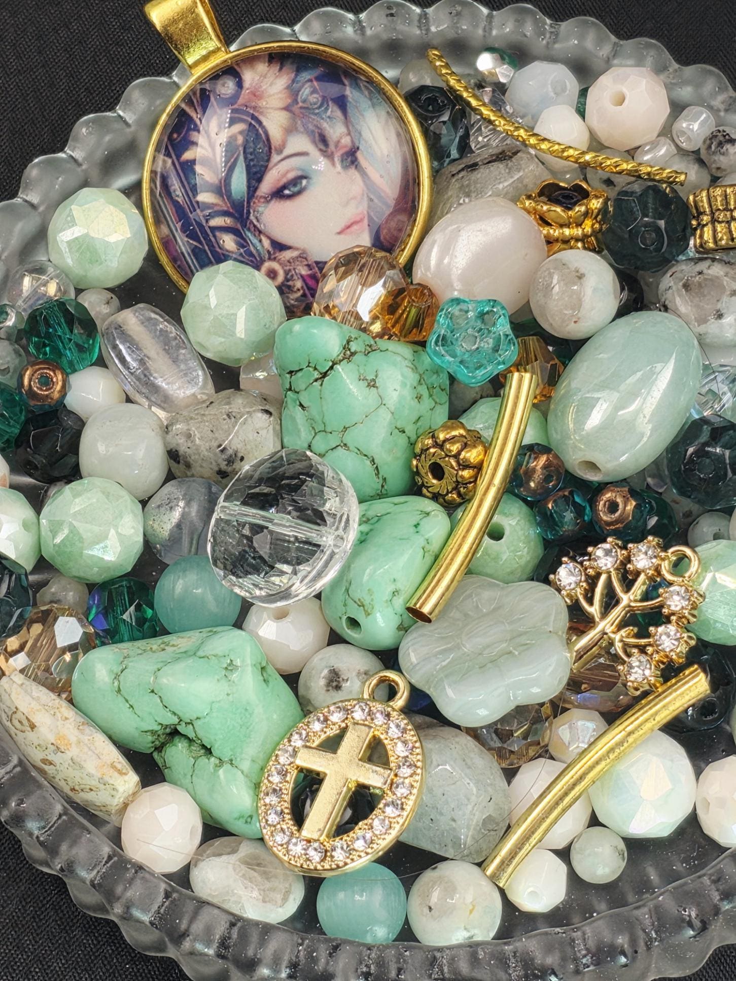 Faerie Court Bead Soup Mix | Teal, Black and Gold Glass Beads | Fae and Cat Cabochon Pendants | DIY Jewelry Making | Learise Curated Mix