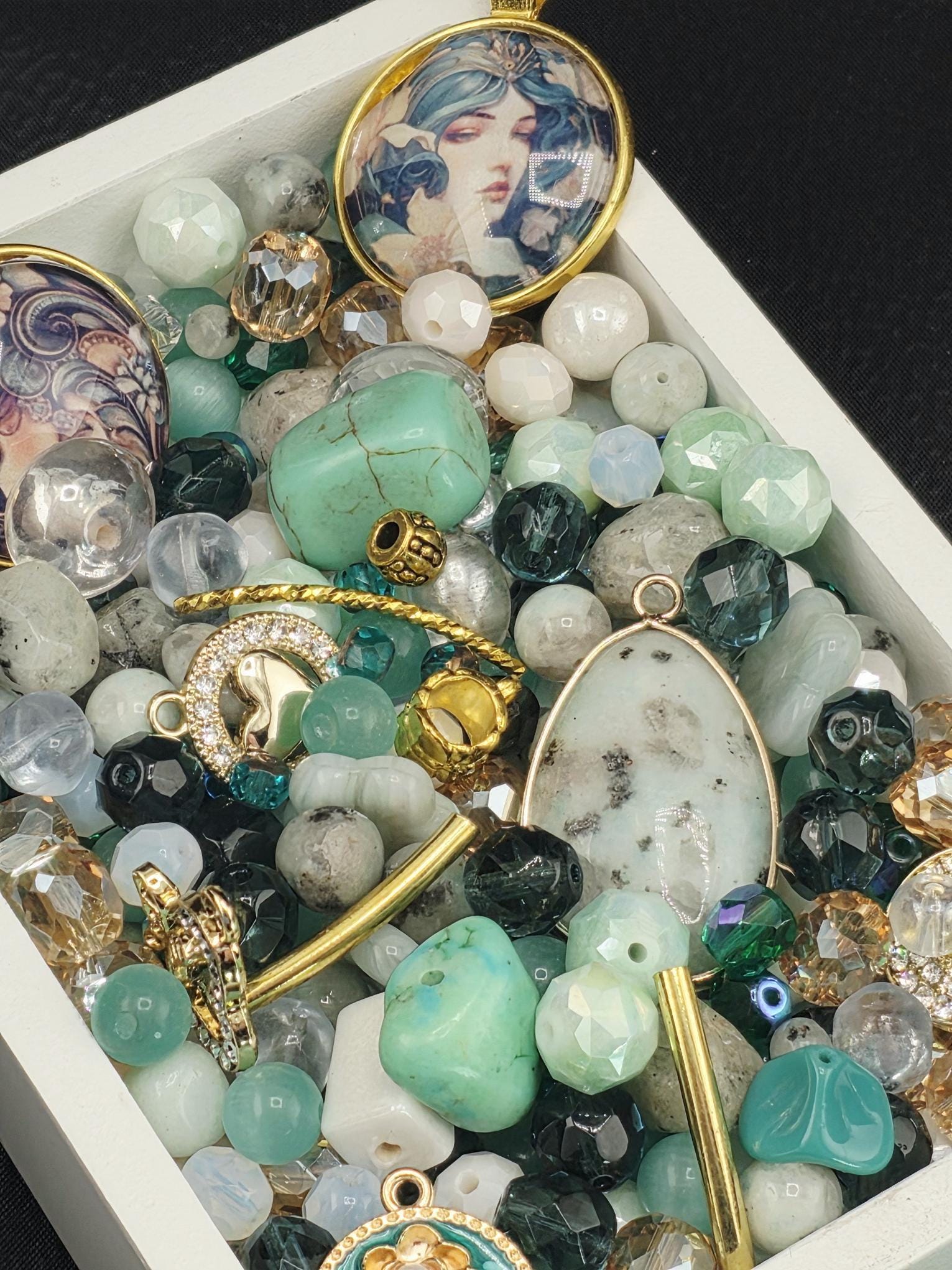 Faerie Court Bead Soup Mix | Teal, Black and Gold Glass Beads | Fae and Cat Cabochon Pendants | DIY Jewelry Making | Learise Curated Mix