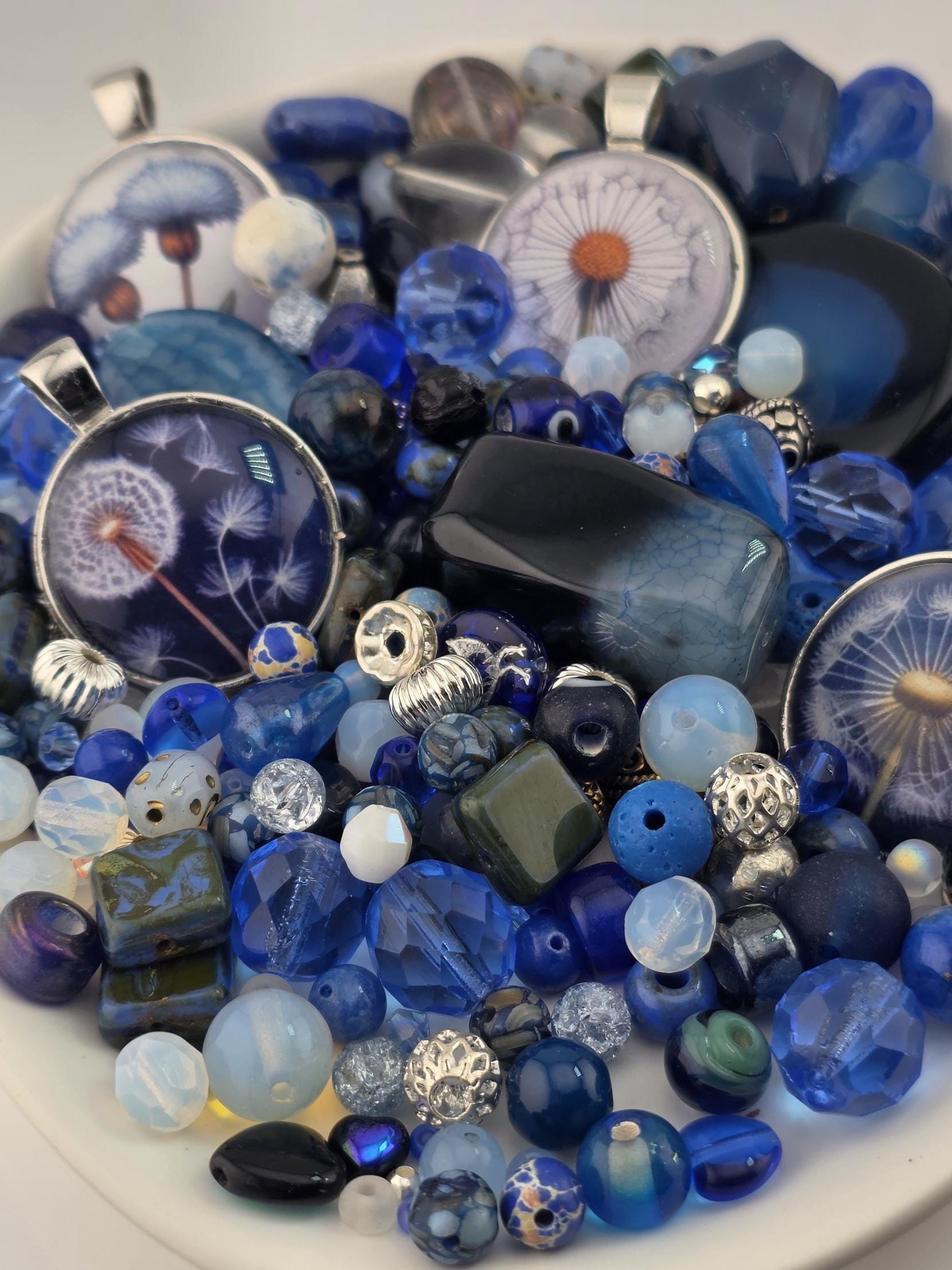 Make a Wish Bead Soup Mix | Cobalt Blue and Opal Glass Beads | Dandelion Wish Cabochon Pendants | DIY Jewelry Making | Learise Curated Mix
