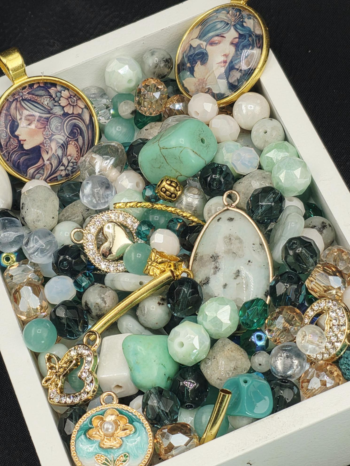 Faerie Court Bead Soup Mix | Teal, Black and Gold Glass Beads | Fae and Cat Cabochon Pendants | DIY Jewelry Making | Learise Curated Mix