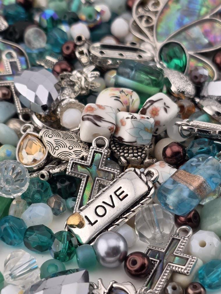 Glass Bead Soup Mix - Raven's Tide | Teal and Abalone Shell Glass Beads | Blue Raven and Abalone Heart Pendants | DIY Jewelry Making Supply