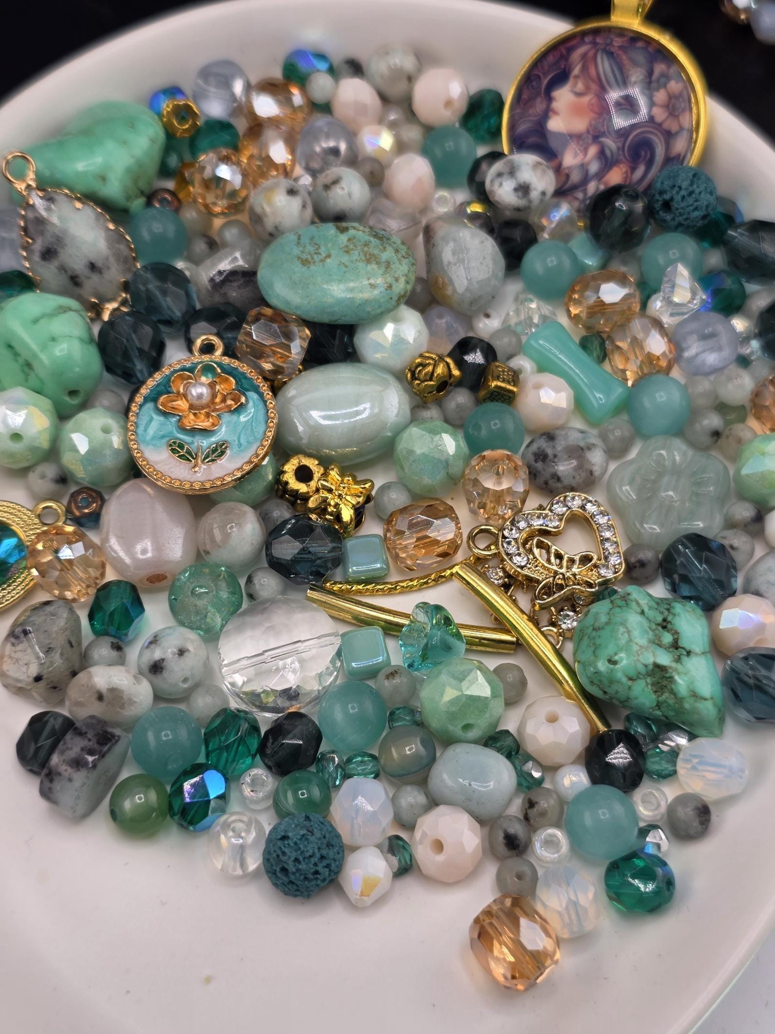 Faerie Court Bead Soup Mix | Teal, Black and Gold Glass Beads | Fae and Cat Cabochon Pendants | DIY Jewelry Making | Learise Curated Mix