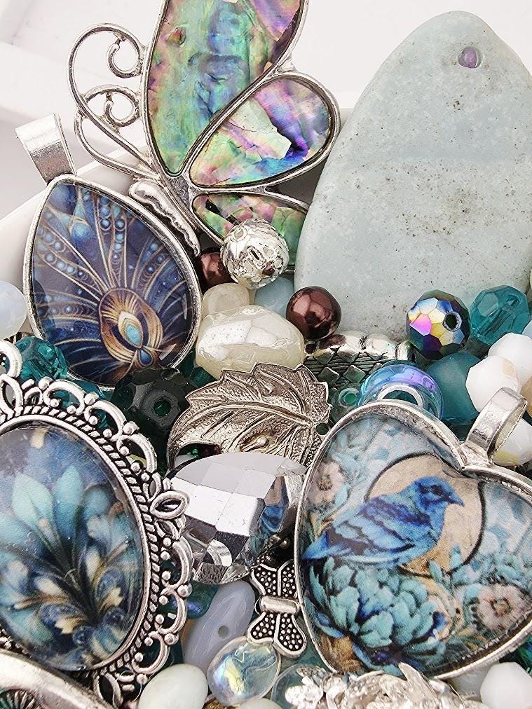 Glass Bead Soup Mix - Raven's Tide | Teal and Abalone Shell Glass Beads | Blue Raven and Abalone Heart Pendants | DIY Jewelry Making Supply