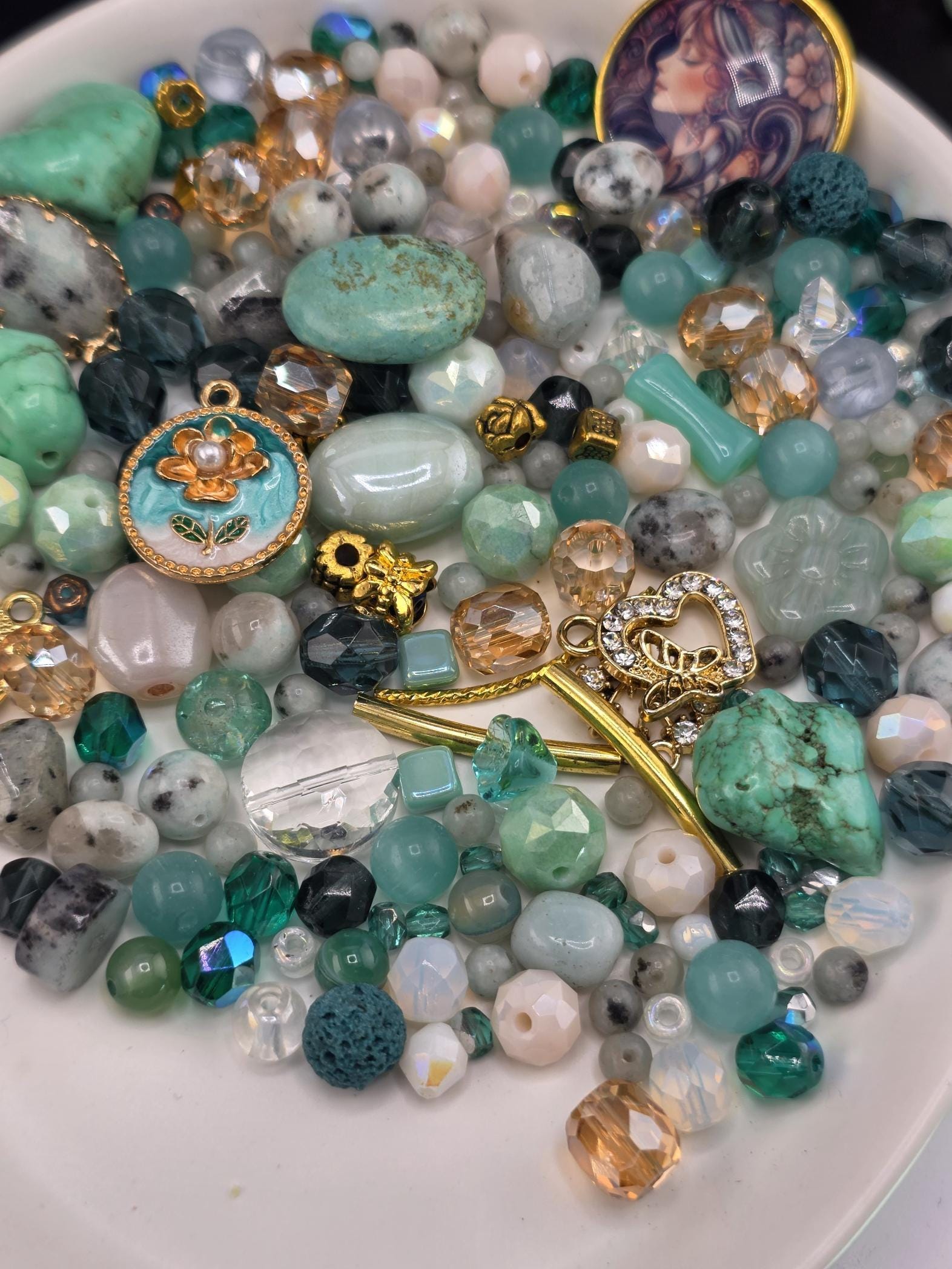 Faerie Court Bead Soup Mix | Teal, Black and Gold Glass Beads | Fae and Cat Cabochon Pendants | DIY Jewelry Making | Learise Curated Mix
