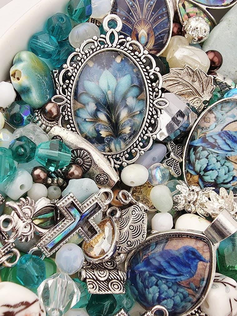 Glass Bead Soup Mix - Raven's Tide | Teal and Abalone Shell Glass Beads | Blue Raven and Abalone Heart Pendants | DIY Jewelry Making Supply
