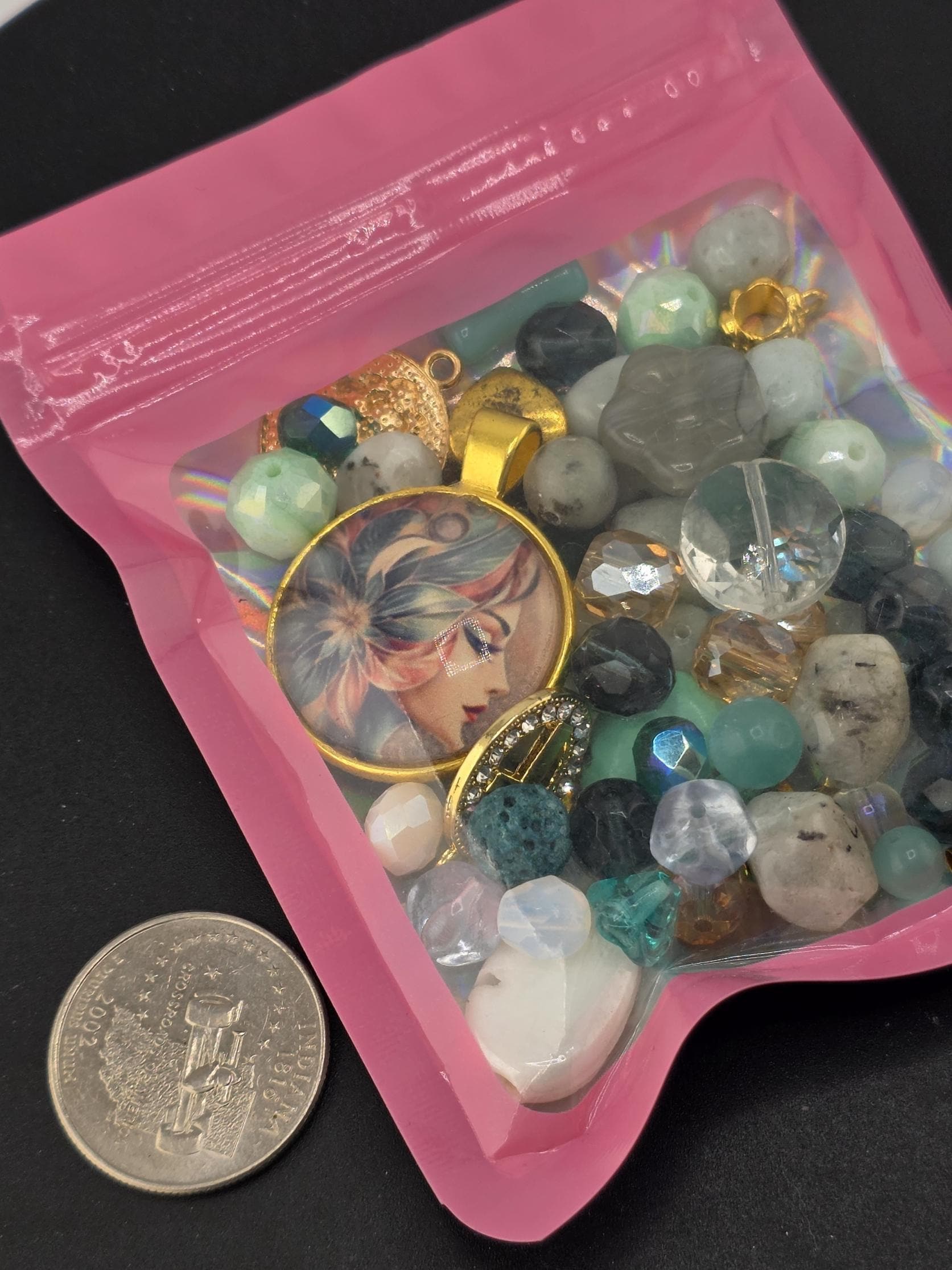 Faerie Court Bead Soup Mix | Teal, Black and Gold Glass Beads | Fae and Cat Cabochon Pendants | DIY Jewelry Making | Learise Curated Mix