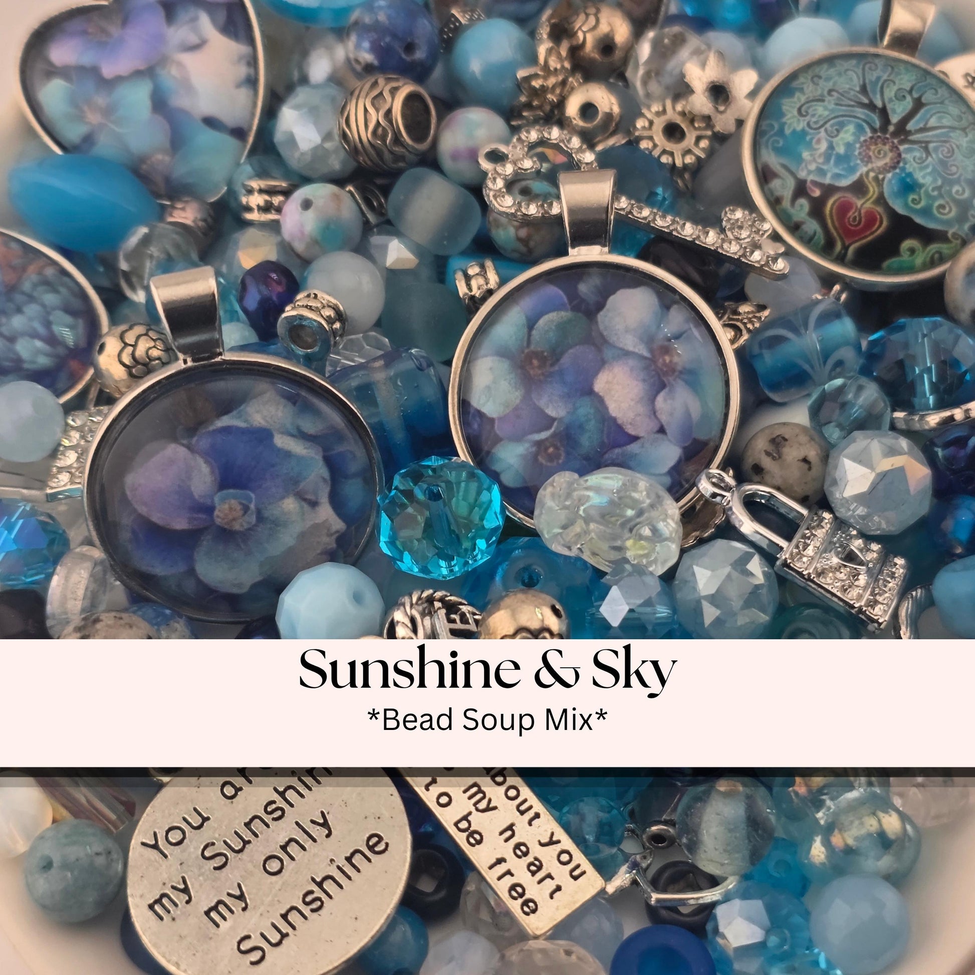 Sunshine Sky Bead Soup Mix | Aqua Sky Blue Glass Beads | Heart Sentiment Cabochon Pendants | DIY Jewelry Making | Learise Curated Mix