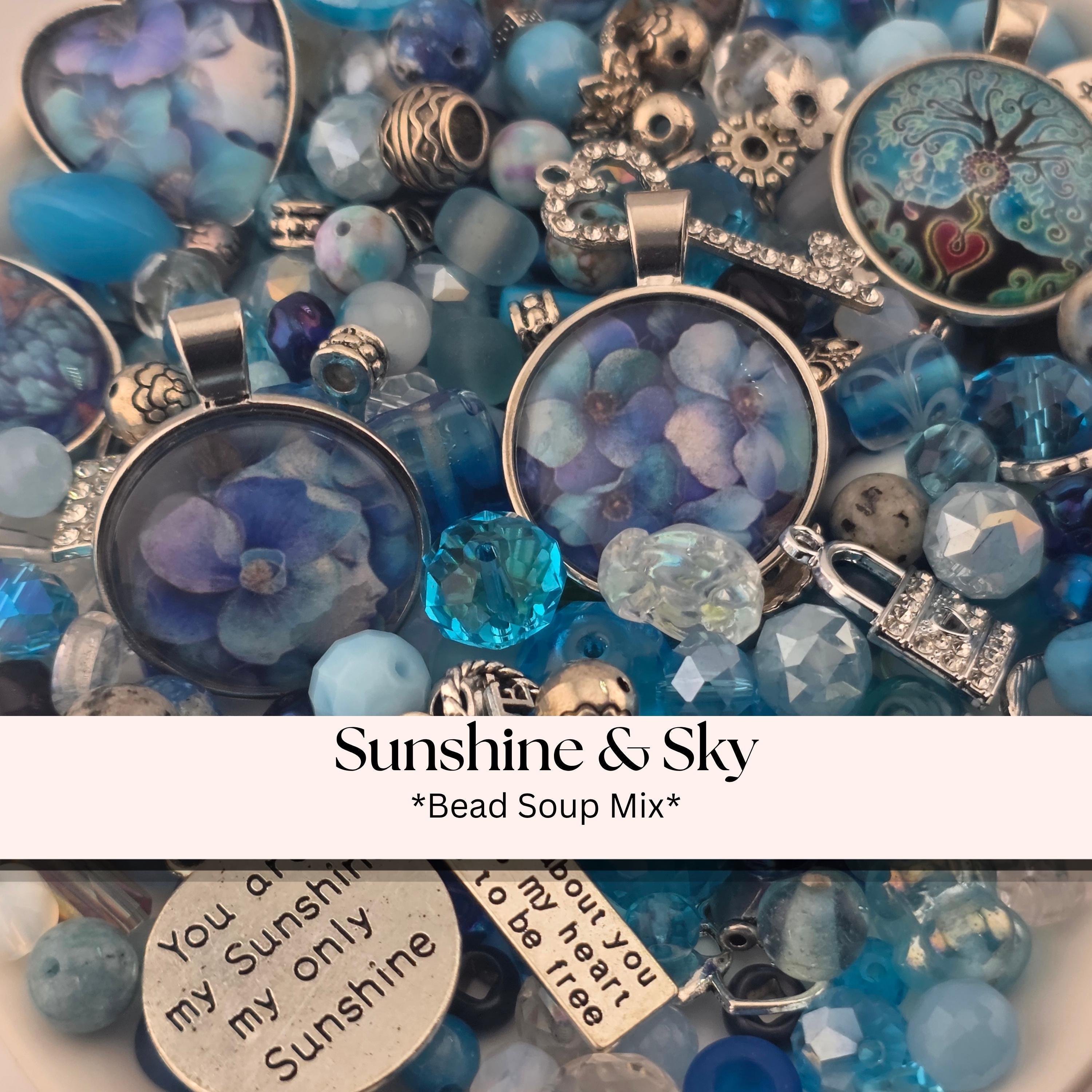 Sunshine Sky Bead Soup Mix | Aqua Sky Blue Glass Beads | Heart Sentiment Cabochon Pendants | DIY Jewelry Making | Learise Curated Mix
