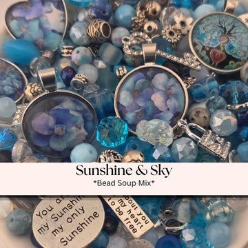 Sunshine Sky Bead Soup Mix | Aqua Sky Blue Glass Beads | Heart Sentiment Cabochon Pendants | DIY Jewelry Making | Learise Curated Mix