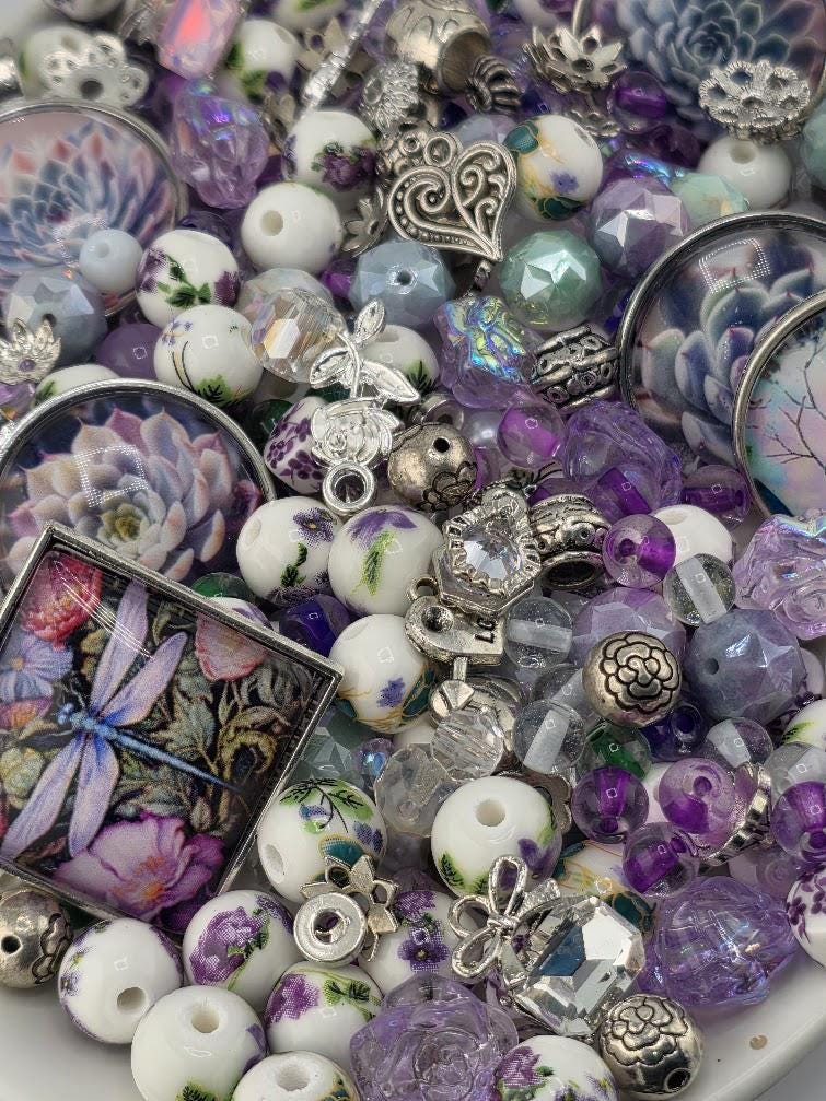 Lilac Larkspur Bead Soup Mix | Lavender Amethyst Glass Beads | Succulent Cabochon Pendants | DIY Jewelry Making | Learise Curated Mix