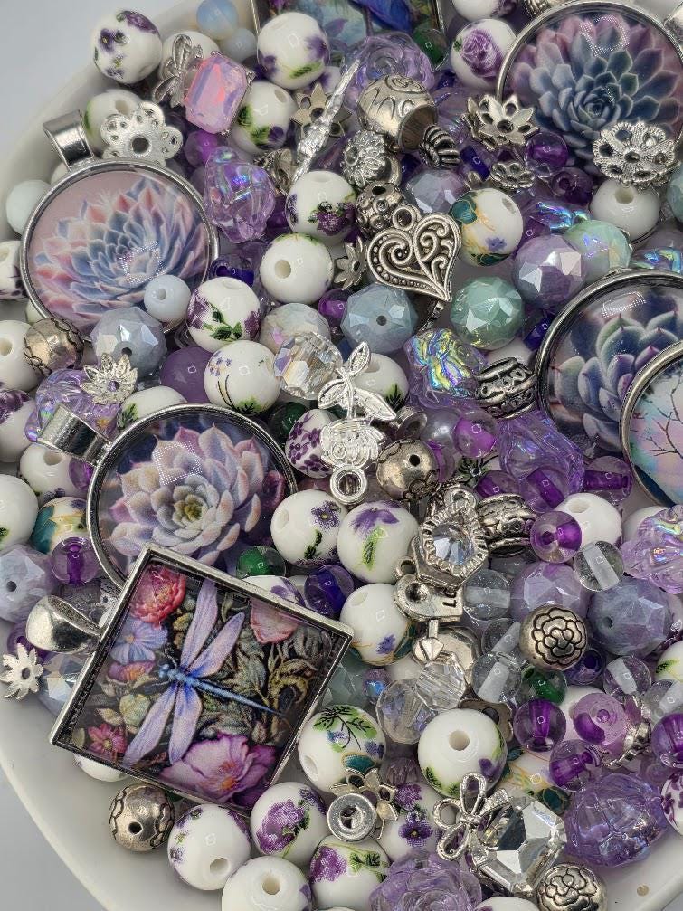 Lilac Larkspur Bead Soup Mix | Lavender Amethyst Glass Beads | Succulent Cabochon Pendants | DIY Jewelry Making | Learise Curated Mix
