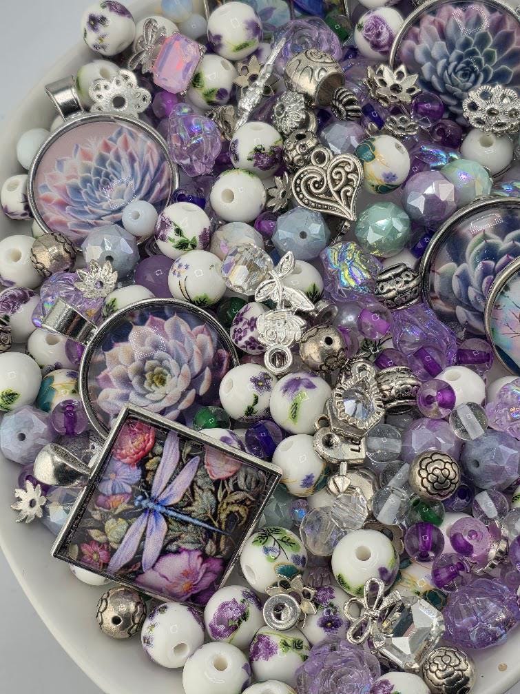 Lilac Larkspur Bead Soup Mix | Lavender Amethyst Glass Beads | Succulent Cabochon Pendants | DIY Jewelry Making | Learise Curated Mix