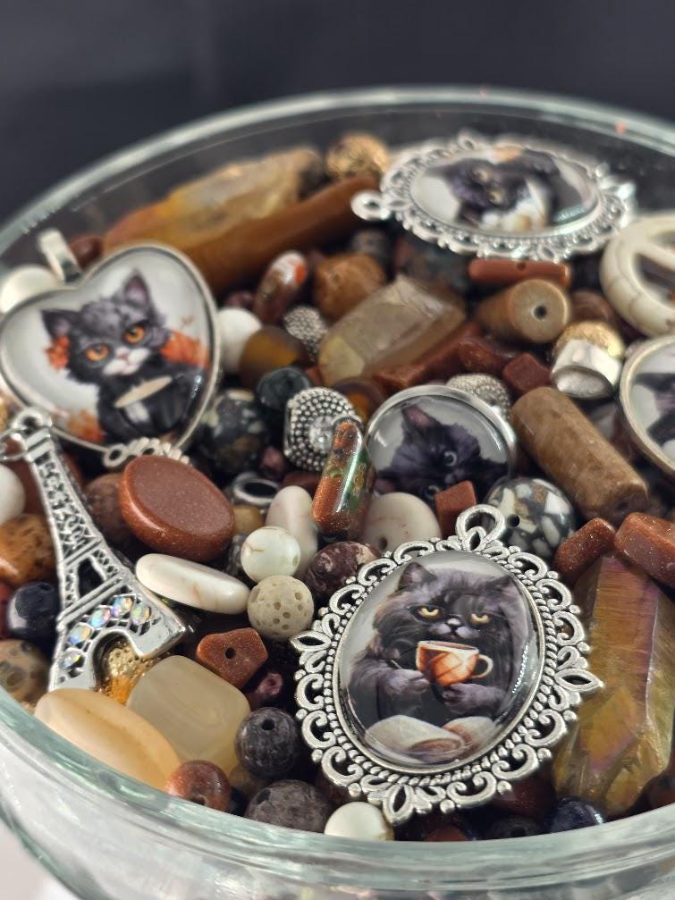 Whiskers and Cream Bead Soup Mix | Warm Brown and Cream Glass Beads | Cat Cabochon Pendants | DIY Jewelry Making | Learise Curated Mix