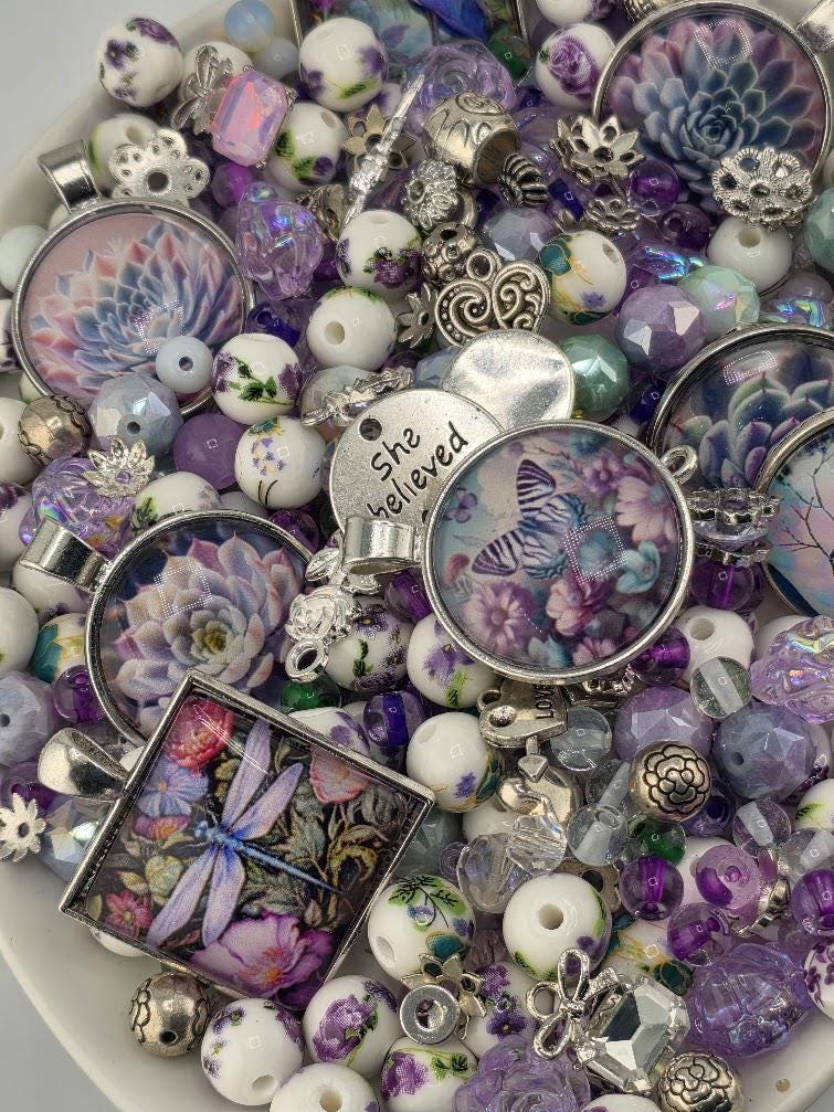 Lilac Larkspur Bead Soup Mix | Lavender Amethyst Glass Beads | Succulent Cabochon Pendants | DIY Jewelry Making | Learise Curated Mix