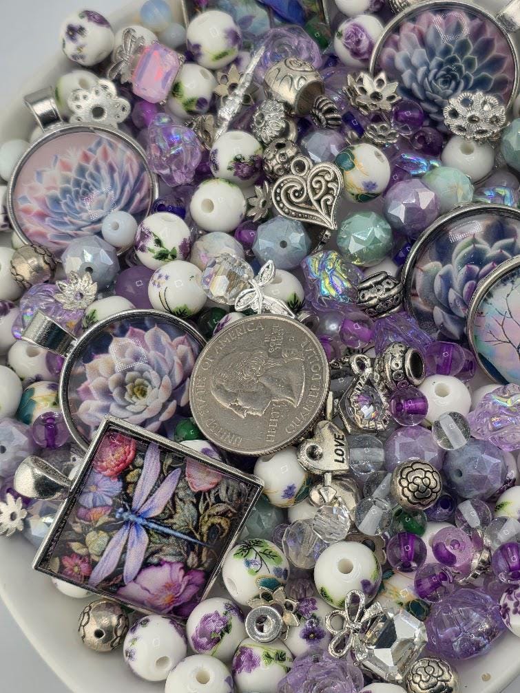 Lilac Larkspur Bead Soup Mix | Lavender Amethyst Glass Beads | Succulent Cabochon Pendants | DIY Jewelry Making | Learise Curated Mix
