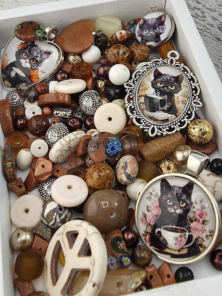 Whiskers and Cream Bead Soup Mix | Warm Brown and Cream Glass Beads | Cat Cabochon Pendants | DIY Jewelry Making | Learise Curated Mix