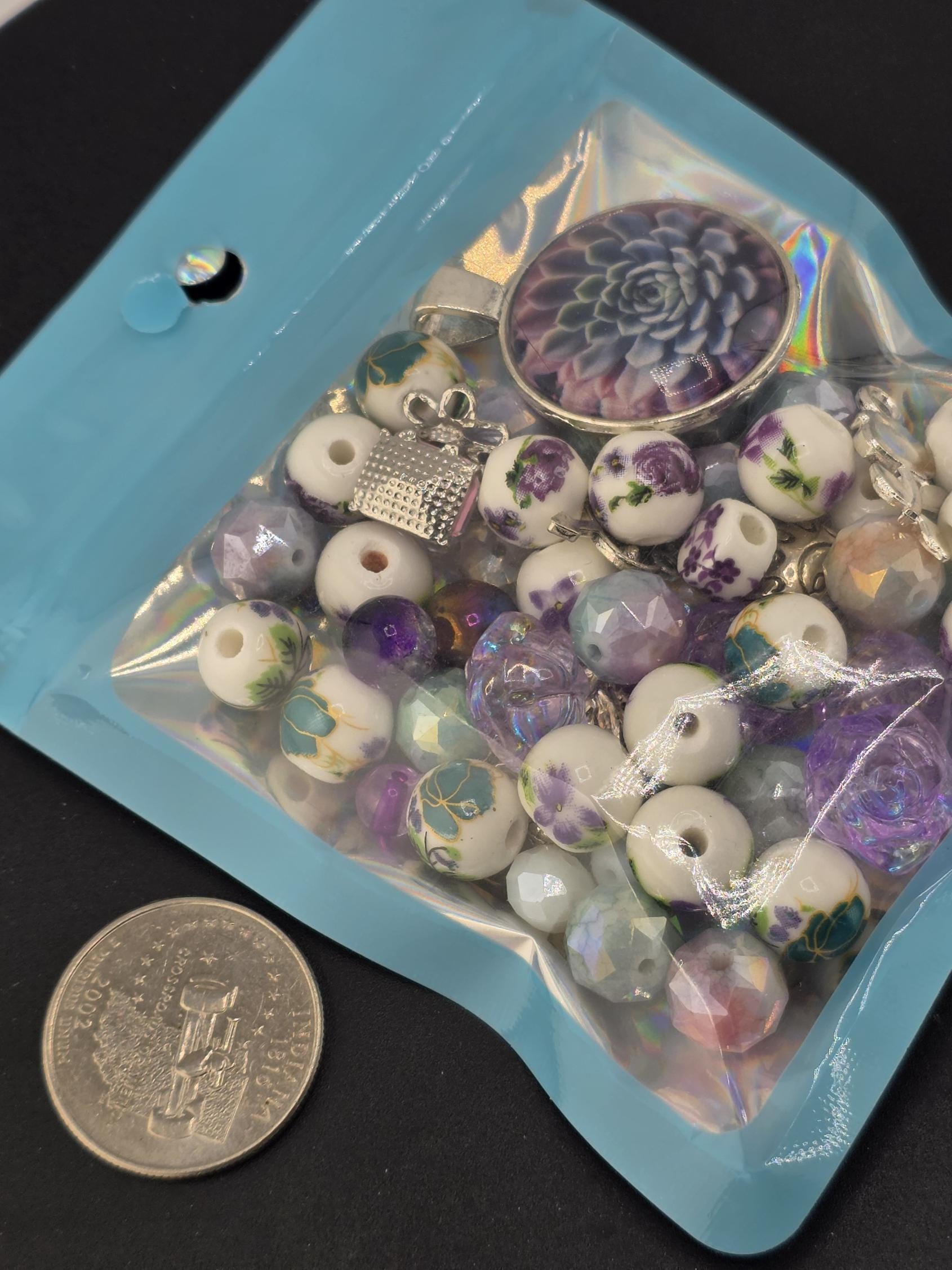 Lilac Larkspur Bead Soup Mix | Lavender Amethyst Glass Beads | Succulent Cabochon Pendants | DIY Jewelry Making | Learise Curated Mix
