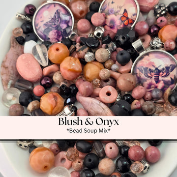 Blush and Onyx Bead Soup Mix | Blush, Peach and Black Glass Beads | Bee and Cat Cabochon Pendants | DIY Jewelry Making | Learise Curated Mix