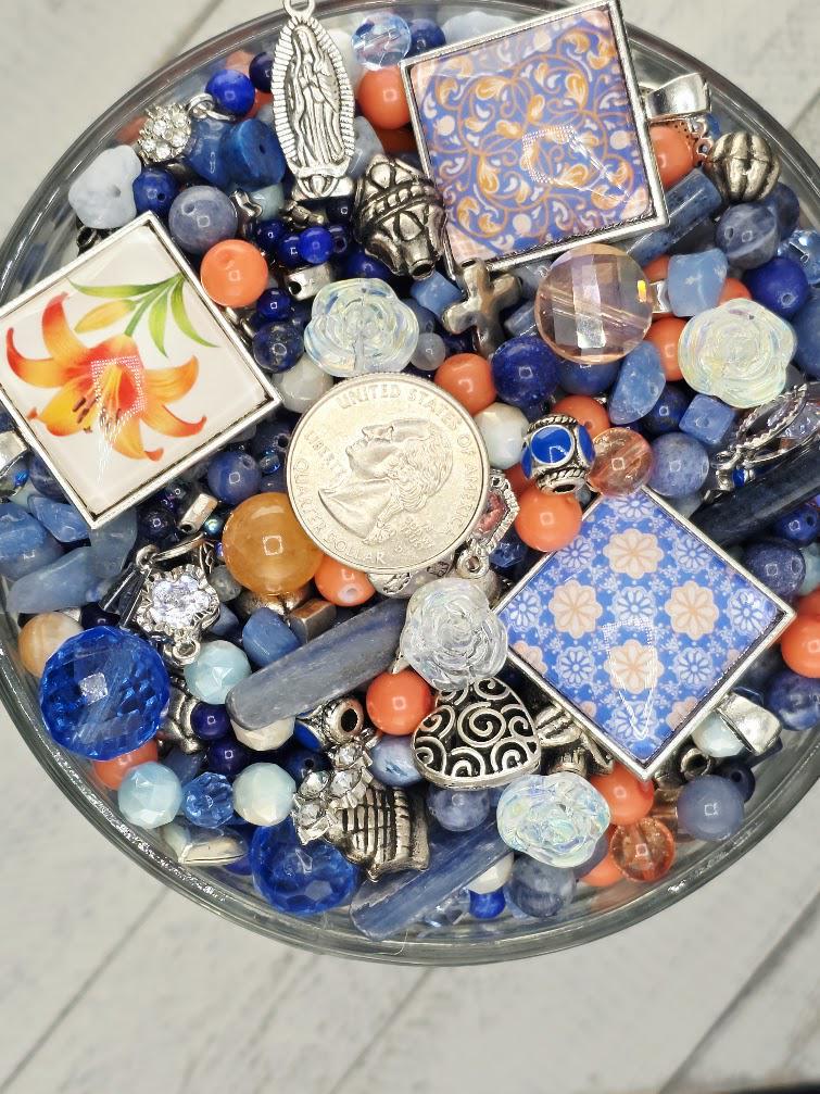 Saffron and Sapphire Bead Soup Mix | Cobalt and Orange Glass Beads | Moroccan Tile and Lily Cabochon Pendants | DIY Jewelry Making