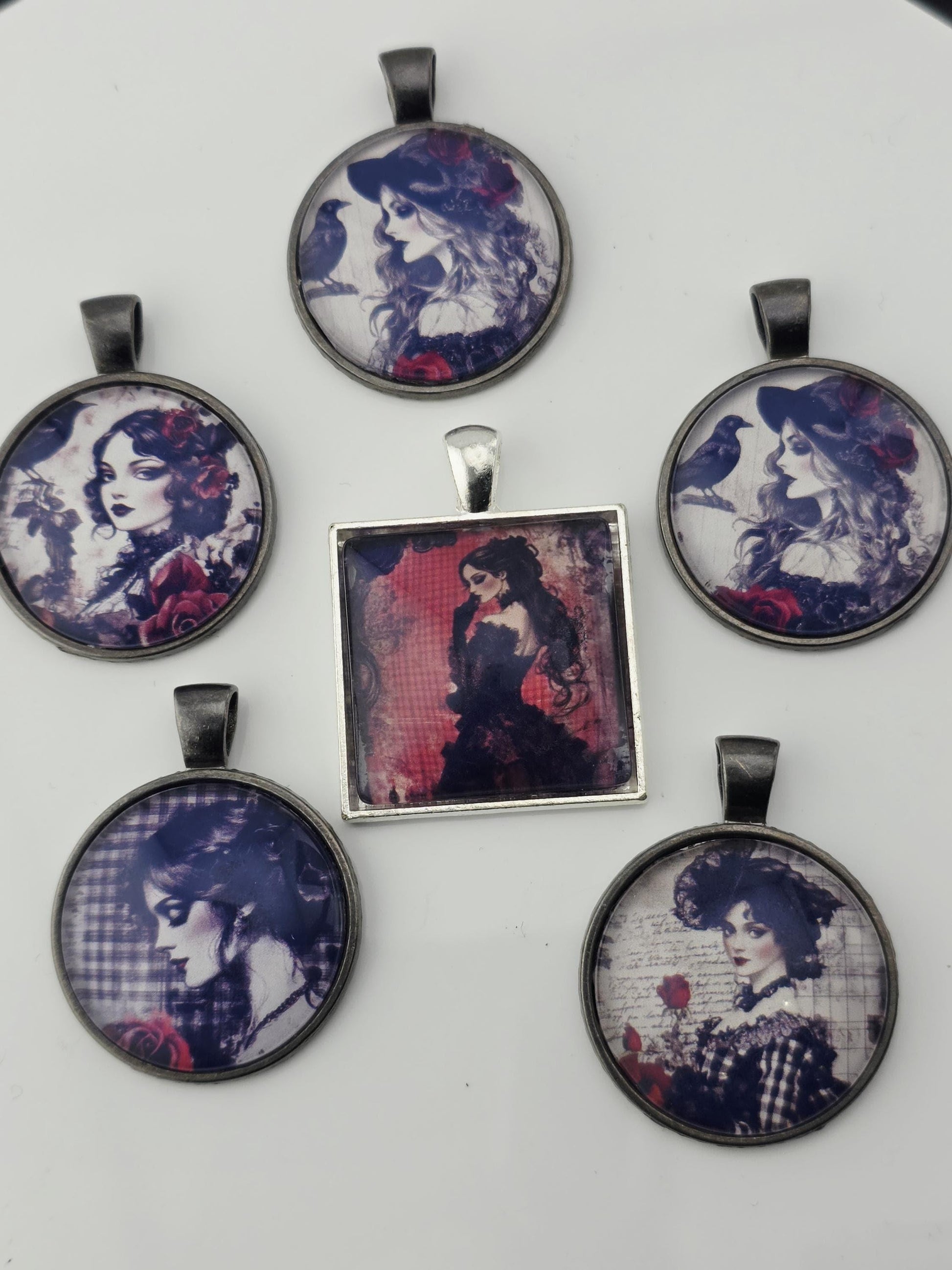 Scarlet and Smoke Bead Soup Mix | Scarlet Red and Black Glass Beads | Gothic Portrait Cabochon Pendants | DIY Jewelry Making