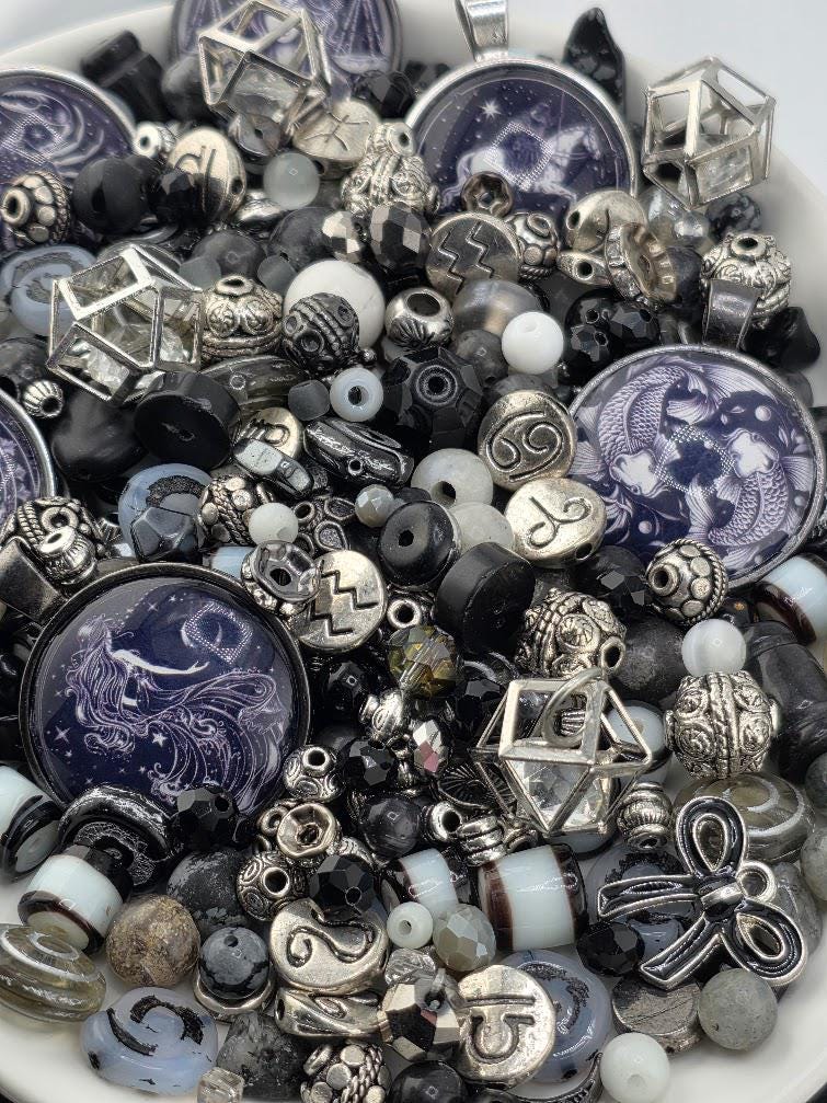 Starborn Bead Soup Mix | Inky Purple and Silver Glass Beads | Zodiac Cabochon Pendants | DIY Jewelry Making | Learise Curated Mix