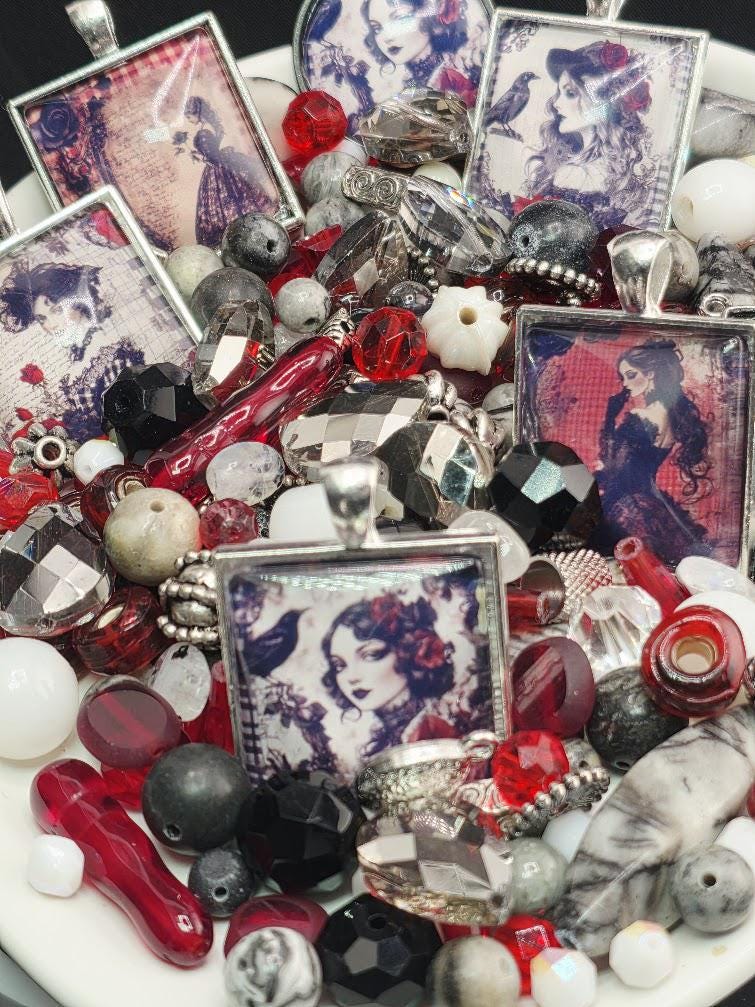 Scarlet and Smoke Bead Soup Mix | Scarlet Red and Black Glass Beads | Gothic Portrait Cabochon Pendants | DIY Jewelry Making