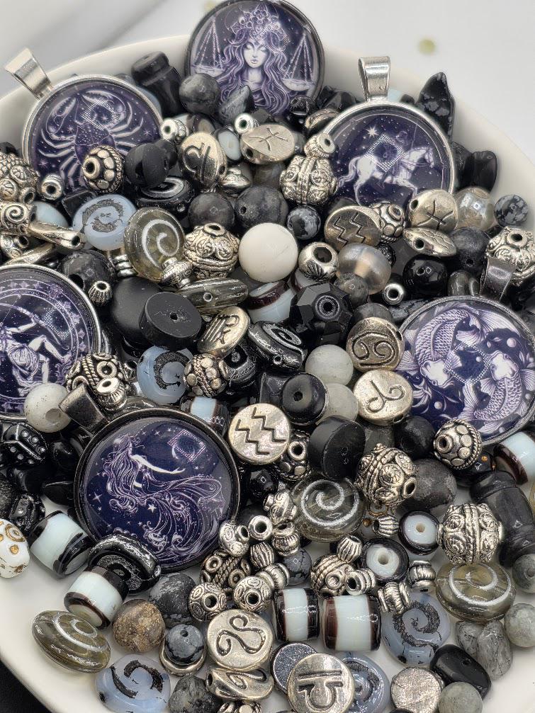 Starborn Bead Soup Mix | Inky Purple and Silver Glass Beads | Zodiac Cabochon Pendants | DIY Jewelry Making | Learise Curated Mix