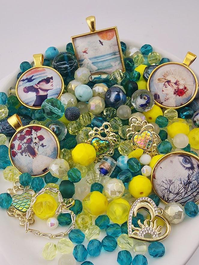 Paradise Cove Bead Soup Mix | Ocean Blue and Coral Glass Beads | Tropical Parrot and Hibiscus Cabochon Pendants | DIY Jewelry Making