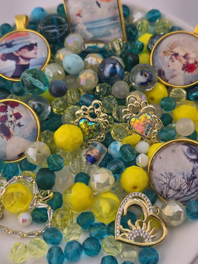 Paradise Cove Bead Soup Mix | Ocean Blue and Coral Glass Beads | Tropical Parrot and Hibiscus Cabochon Pendants | DIY Jewelry Making
