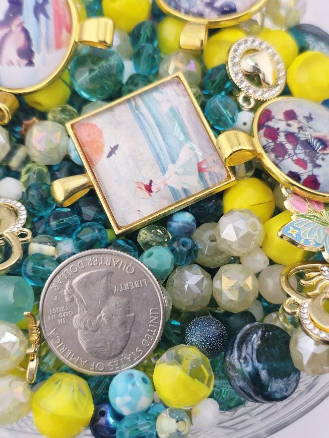 Paradise Cove Bead Soup Mix | Ocean Blue and Coral Glass Beads | Tropical Parrot and Hibiscus Cabochon Pendants | DIY Jewelry Making
