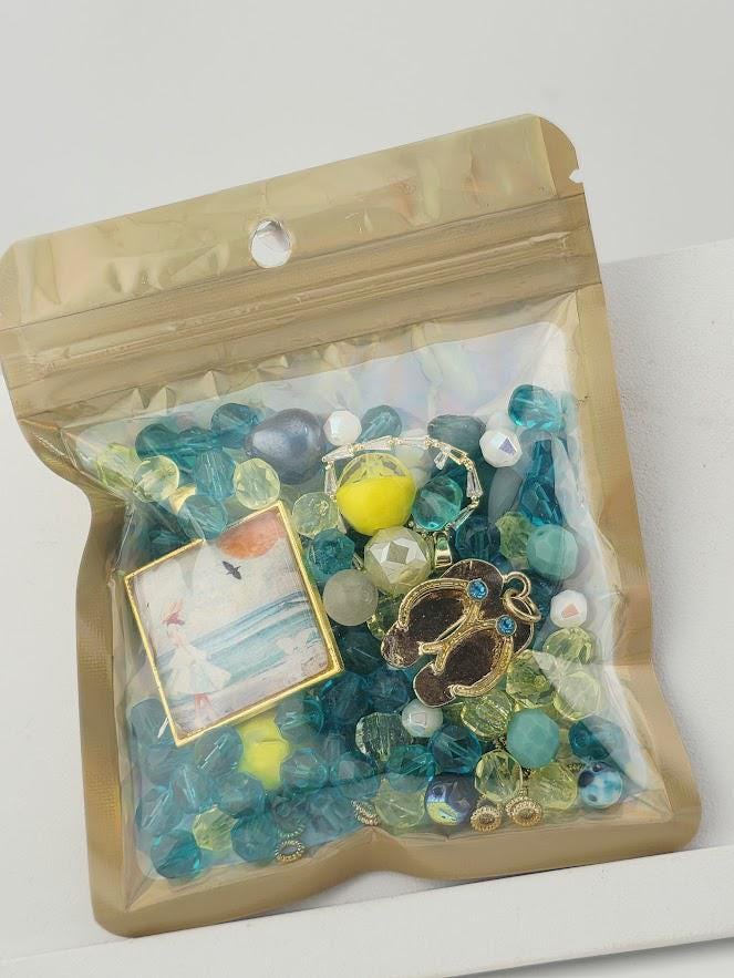 Paradise Cove Bead Soup Mix | Ocean Blue and Coral Glass Beads | Tropical Parrot and Hibiscus Cabochon Pendants | DIY Jewelry Making