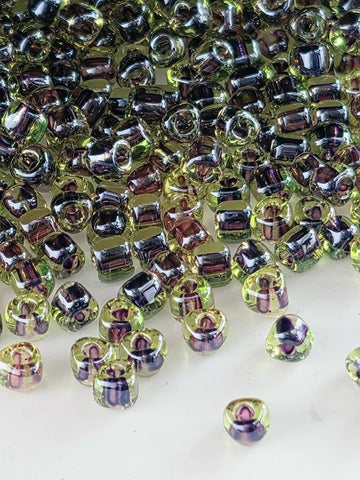 Peridot/Burgundy Inside Color Lined Miyuki Triangle Size 5/0 (15g Pkg)
