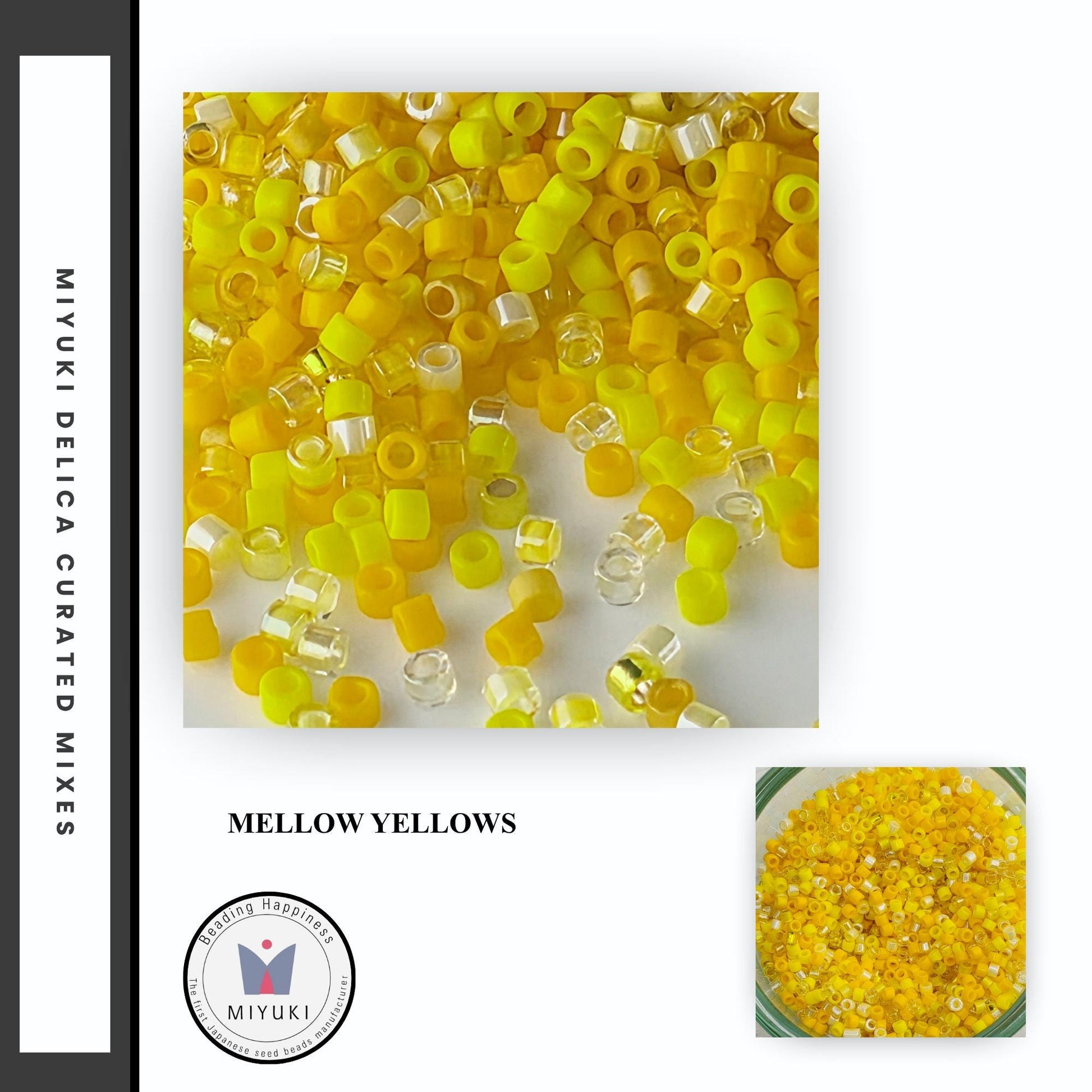 The image is a collage of two images. The top image shows a pile of yellow and clear beads, while the bottom image shows a bowl filled with yellow beads. The text "MELOW YELLOWS" is visible in the image.