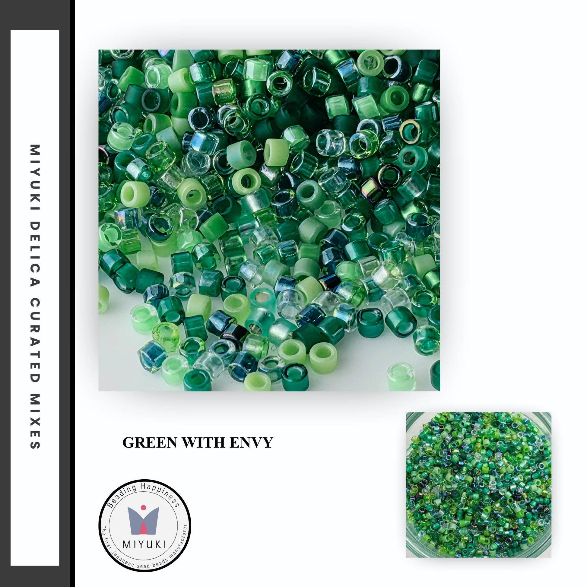 The image is a collage of two images. The top image shows a pile of green beads, while the bottom image shows a bowl filled with green beads. The text "GREEN WITH ENVY" is visible in the image.