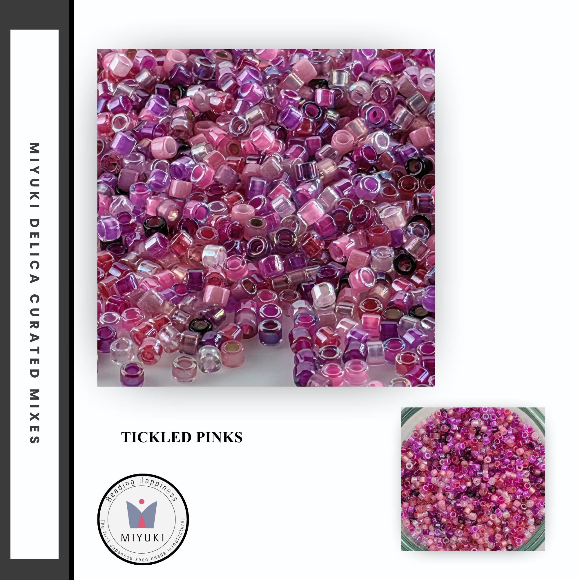 The image is a collage of three images: a close-up of a pile of colorful beads in various shades of pink and purple, a close-up of a bowl filled with the same colorful beads, and a close-up of a small image of the bowl. The text "TICKLED PINKS" is visible in the image.